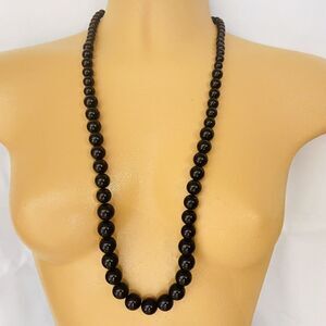 Vintage Napier Signed Lucite Black Gold Clasp Beaded Necklace Bead 30” Long 4163